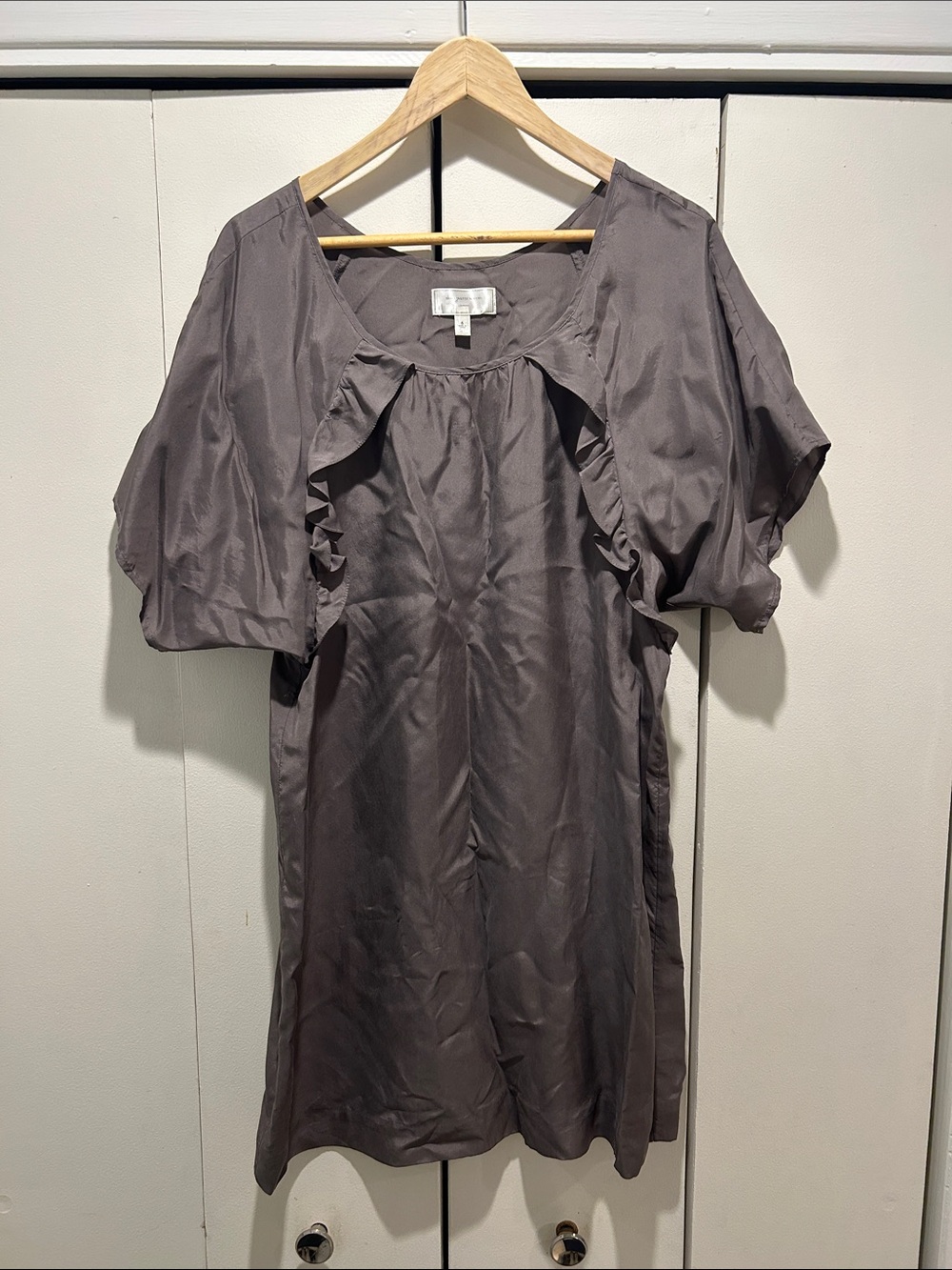 Anthropologie Women’s Silk Ruffle-Detail Mini Shift Dress in Gray